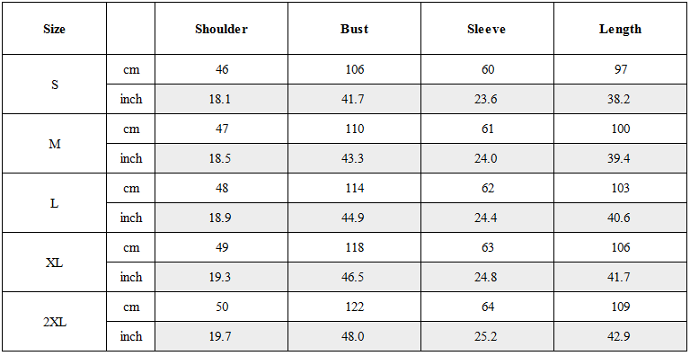 Size Guide for Futuristic Techwear Double-Layered Hooded Coat