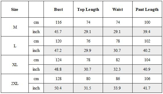 Size Guide for Ninja Outfit Set Top / Bottom