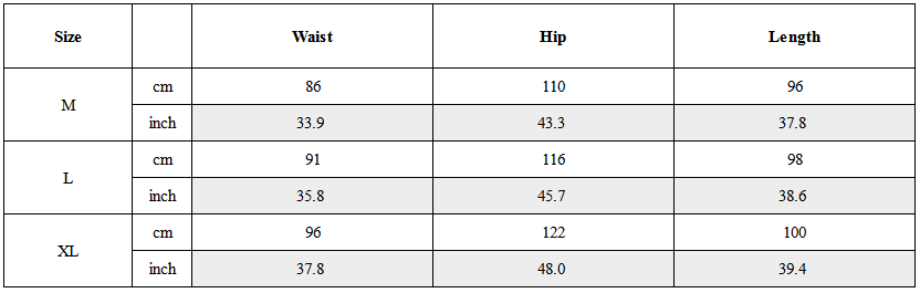 Size Guide for Tactical Camo Multi-Zip Cargo Pants