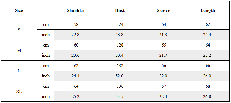 Size Guide for Double-Layer Multi-Pocket Stand Collar Jacket