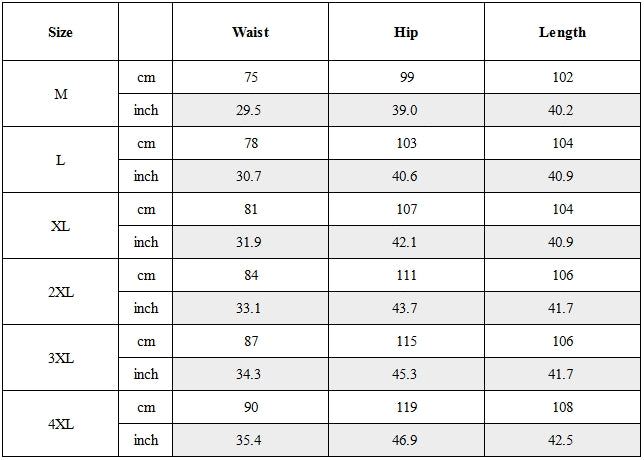 Size Guide for Techwear Drawstring Cuff Casual Pants