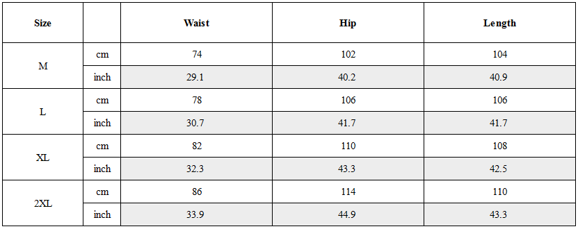 Size Guide for Functional Multi-Ribbon Buckle Cargo Pants