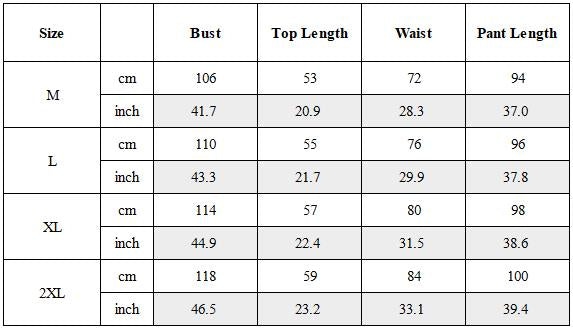 Size Guide for Ninja Outfit Set Top / Bottom