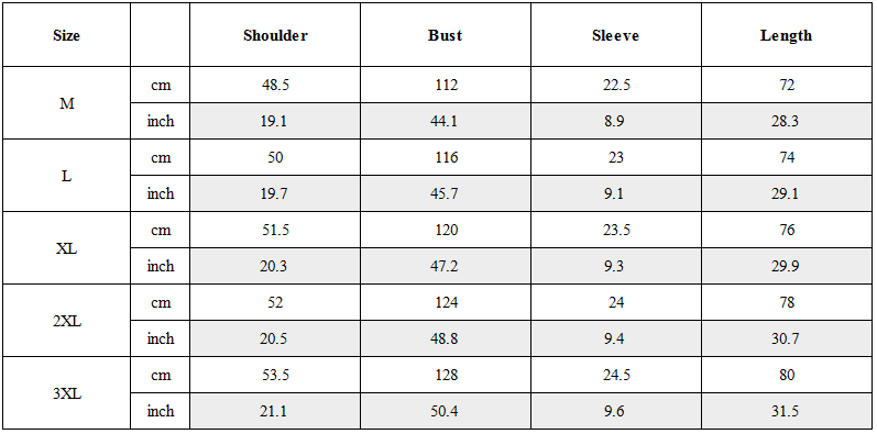 Size Guide for Techwear Fake Two-piece Tactical Short Sleeve Shirt