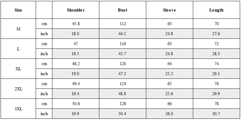 Size Guide for Functional Multi-Pocket Utility Blazer Jacket