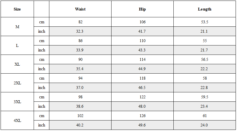 Size Guide for Functional Multi-Pocket Belt Cargo Shorts