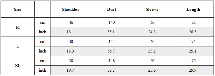 Size Guide for Japanese Draped High Neck Darkwear Shirt