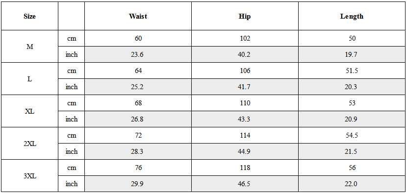 Size Guide for Functional Colorful Reflective Cargo Shorts