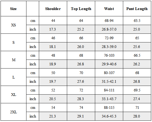 Size Guide for CBP-004-X｜Cyberpunk Techwear Set Top / Bottom