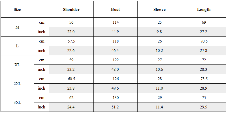 Size Guide for Functional Zip-Up Short Sleeve Shirt