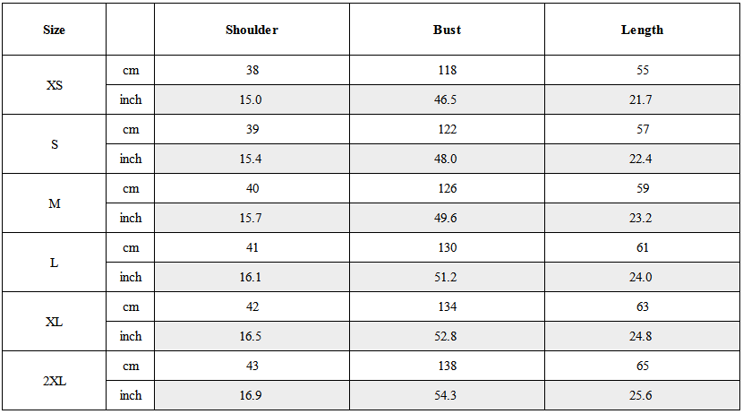 Size Guide for Cyberpunk Outfits Stand-Collar Lightweight Winter Down Vest
