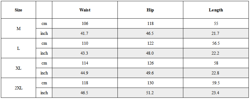 Size Guide for Techwear Quick Dry Summer Cargo Shorts