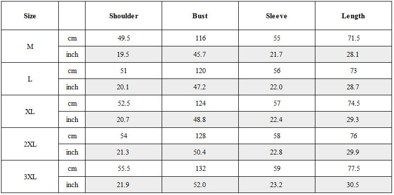 Size Guide for Functional Multi-pocket Patchwork Cargo Shirt