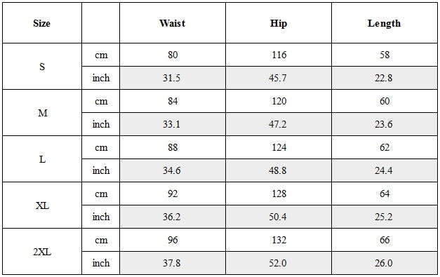 Size Guide for Zipper Pocket Utility Shorts