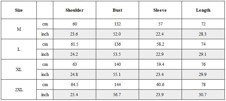 Size Guide for Techwear Cardigan Unisex Zip Up Hoodie