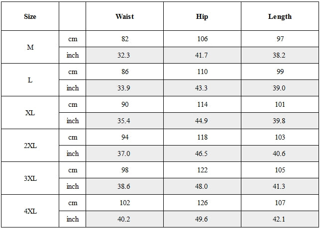 Size Guide for Multi-Pocket Techwear Cargo Pants
